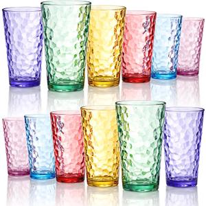 Bravario Hammered Plastic Drinking Tumbler, Dishwasher-Safe Premium Quality Water Glasses, BPA-Free Reusable Mixed Colors Assorted Stackable Cups, 22 oz Set of 12
