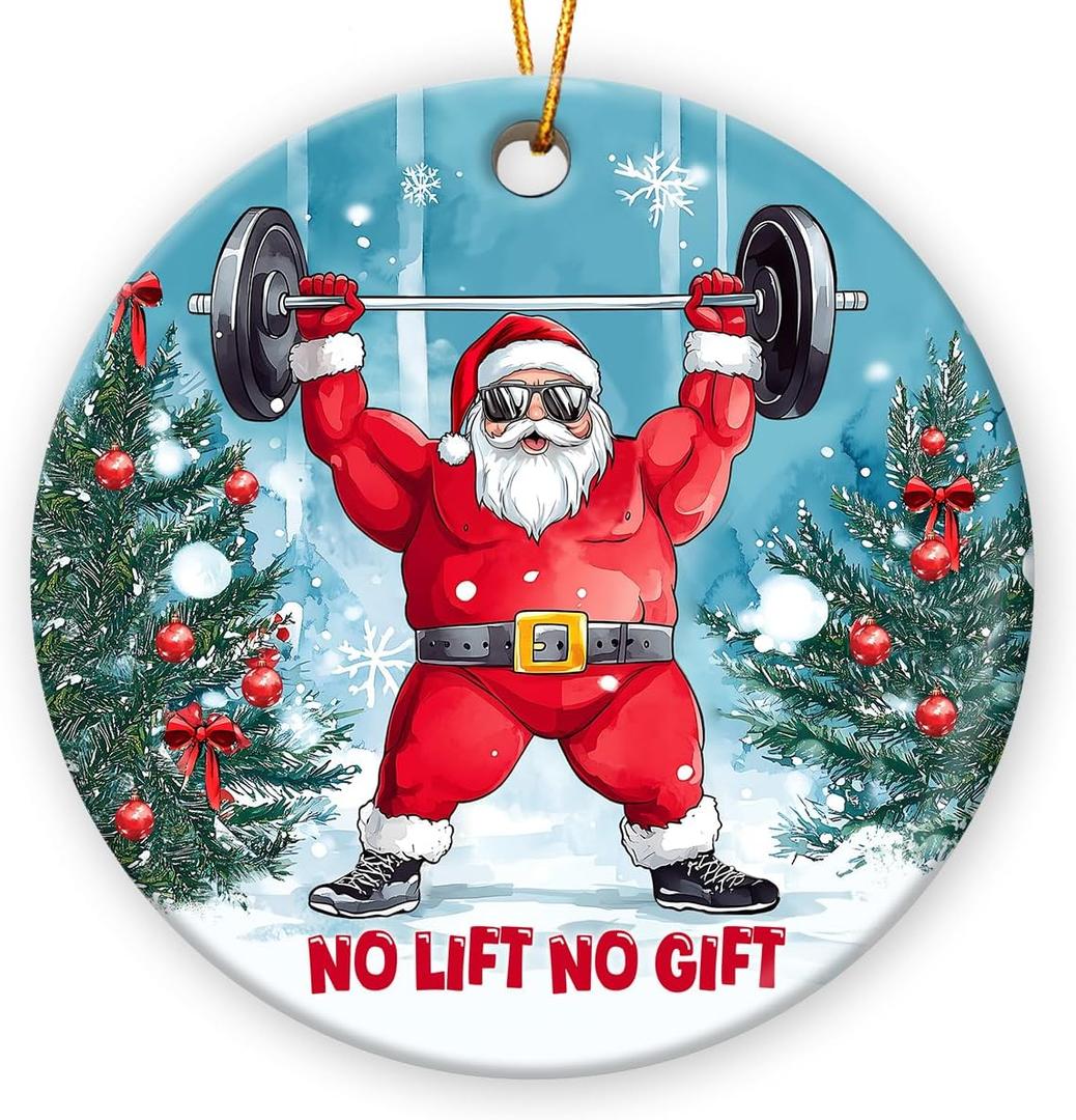 Weight Lifting Christmas Ornament 2025, Double Sided Ceramic Ornaments for Christmas Tree Decor, for Women, Gifts for Gym Lovers, Funny Santa Ornaments