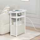Narrow Side Table with Charging Station Set of 2, Small End Table for Small Spaces, Skinny Nightstands Set 2 with Storage Basket, 3 Tier Sofa Bedside Tables for Living Room,Bedroom, White (Power(19.6"Dx7.9"Wx25.2"H))