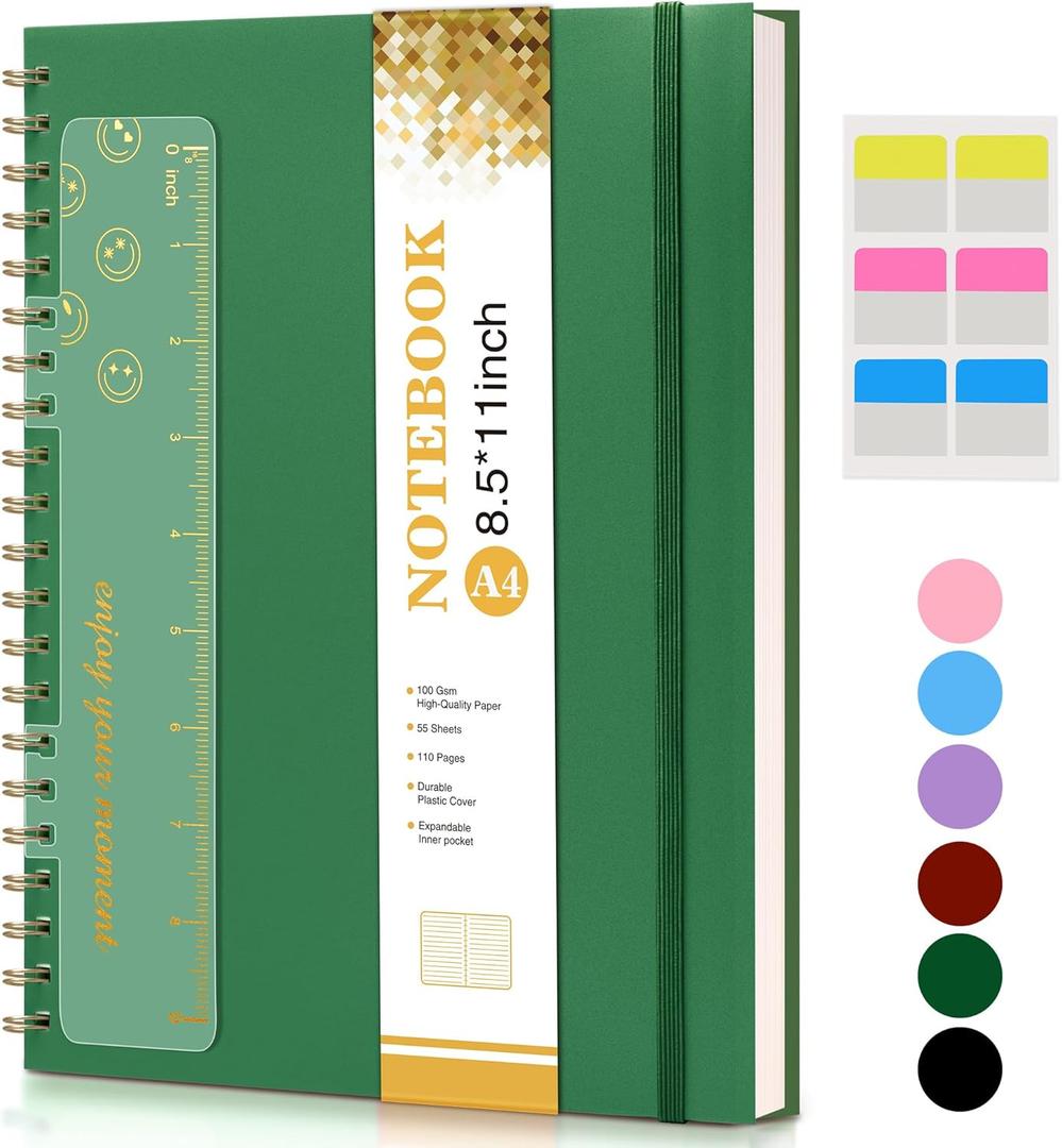 Spiral Notebook Journal 8.5 x 11, A4 Large Notebooks for Women Men, College Ruled Lined Journal, 100 GSM Paper, Hardcover Spiral Bound Journals for Work School Writing Note Taking Business, Green