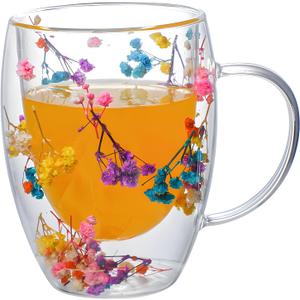 Double Walled Clear Glass Espresso Cups with Handle Cute Floral Latte Coffee Mugs for Women Unique Tea Mug Cappuccino Cups