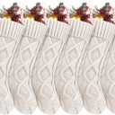 6Pack Personalized Christmas Stockings with Leather Custom Self-Adhesive Name Tags, 18 Inches Cable Knitted Stocking for Family, Xmas Holiday Party Gifts & Decoration for Fireplace(White)