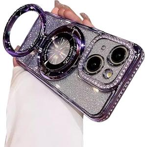 Fycyko Magnetic Case for iPhone 14 Pro with Holder Stand,Rhinestone Glitter Plated Bling Luxury Phone Case（Compatible with MagSafe） Shockproof Kickstand Design for iPhone 14 Pro-Purple