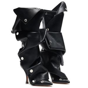 VOMIRA Women's Knee High Boots Stiletto Boots Pointed Toe High Heels Wide Calf Ruched Slouchy Boots Detachable Snap-off Panel Mid Calf Boots Black Boots, Size: 8.5