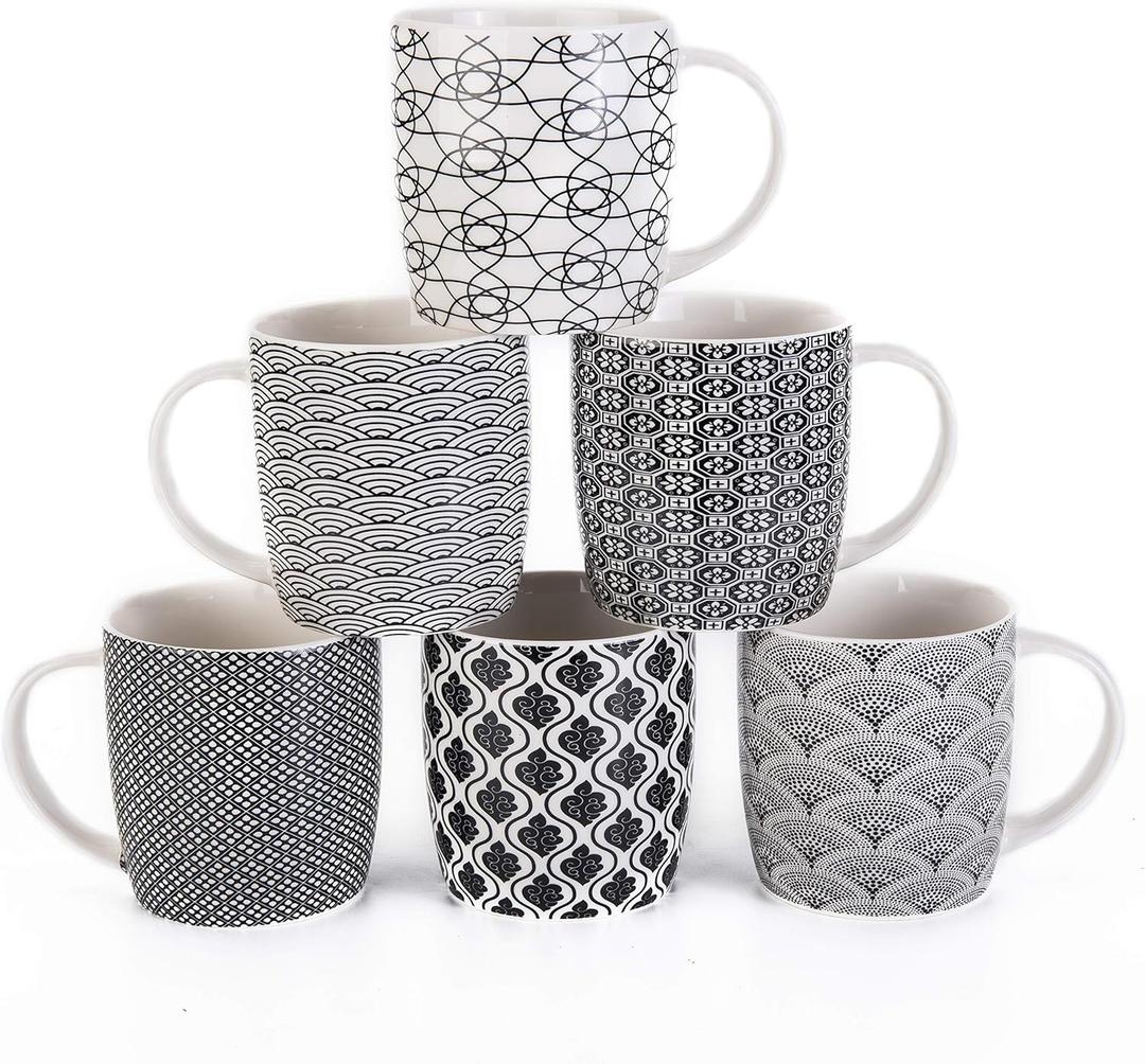 Set of 6 11.5 oz Coffee Mugs with Black and White Geometric Patterns, Ceramic Tea Cup Set