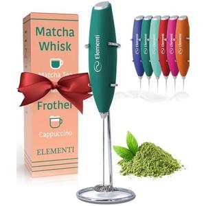 Elementi Matcha Whisk & Frother Set - Powerful Electric Matcha Mixer for Powder, Easy to Use Electric Whisk Kit - Craft Effortless Lattes with the Elementi Milk Frother Wand & Wisk (Emerald Green)