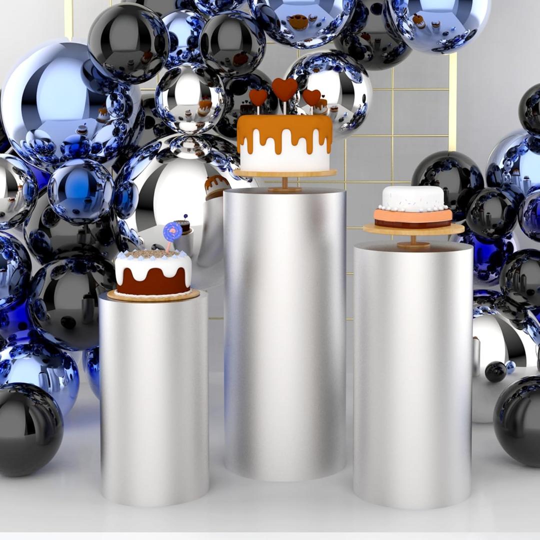 Babenest Sliver Cylinder Pedestal Stand Covers Set of 3, Spandex Vintage Fitted Round Pedestal Covers, Elastic Cloth Pillar Plinth Cover for Birthday Wedding Party Reception Decoration(Without Stands)