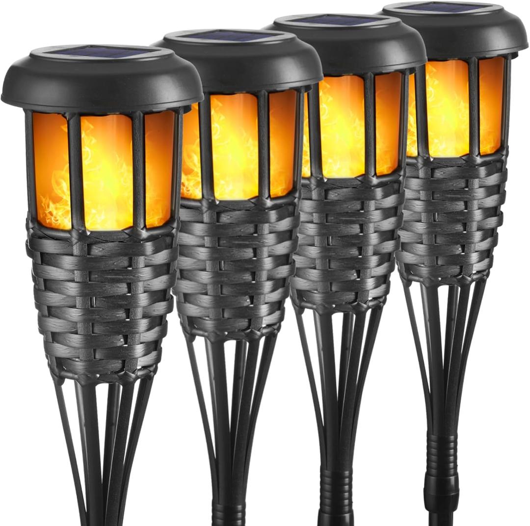 Solar Torch Light with Flickering Flame, 4 Pack Waterproof Bamboo Torches Hand-Woven Rattan Solar Tiki Torches for Outside Patio Yard Garden Lawn (Black-4 Pack)