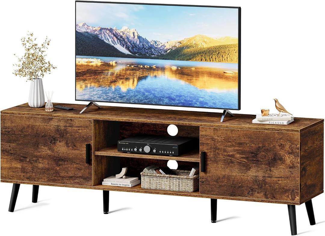 SUPERJARE TV Stand for 55 Inch TV, Entertainment Center with Adjustable Shelf, 2 Cabinets, TV Console Table, Media Console, Solid Wood Feet, Cord Holes, for Living Room, Bedroom, Rustic Brown, 53.9"