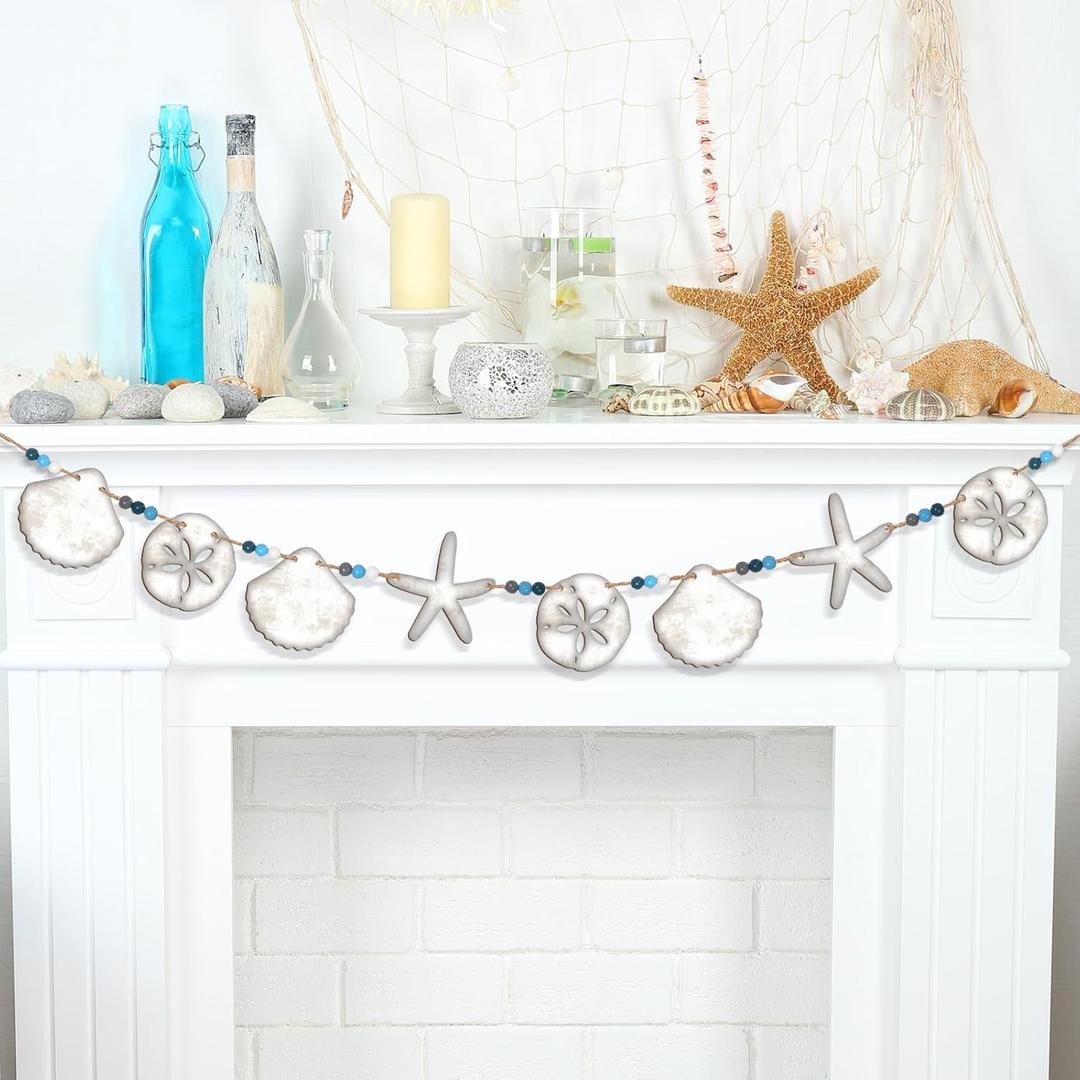 Cinnvoice Seashell Starfish Garland for Coastal Beach Party Hanging Banner Last Toast on The Coast for Bridal Shower Wooden Nautical Ornaments Under The Sea Wish Birthday Decor