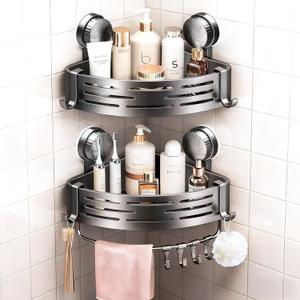 2Pcs Corner Shower Shelves,Caddy Suction Cup,Shampoo Holder,Bathroom Organizer Shower Storage with Towel Bar Hooks,No Drilling,Save Space,Rust-Resistant