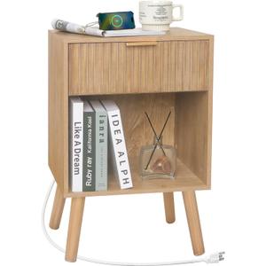 Wood Nightstand with Charging Station, Bedside Table with Fluted Drawers and Outlet, Boho Night Stand for Bedroom, Living Room, Office (Rustic Walnut)