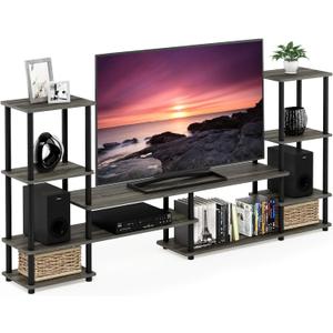 Furinno TURN-N-TUBE TV Stand, Wide Open Frame Entertainment Center with Open Shelves Storage, TV Console with Tall Side Shelves for TV up to 48 Inch, for Living Room, Bedroom, French Oak