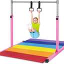 Safly Fun Gymnastics Bar for Kids Ages 3-15 for Home - Steady Steel Construction, Anti-Slip, Easy to Assemble, 3' to 5' Adjustable Height (Pink with Mat)
