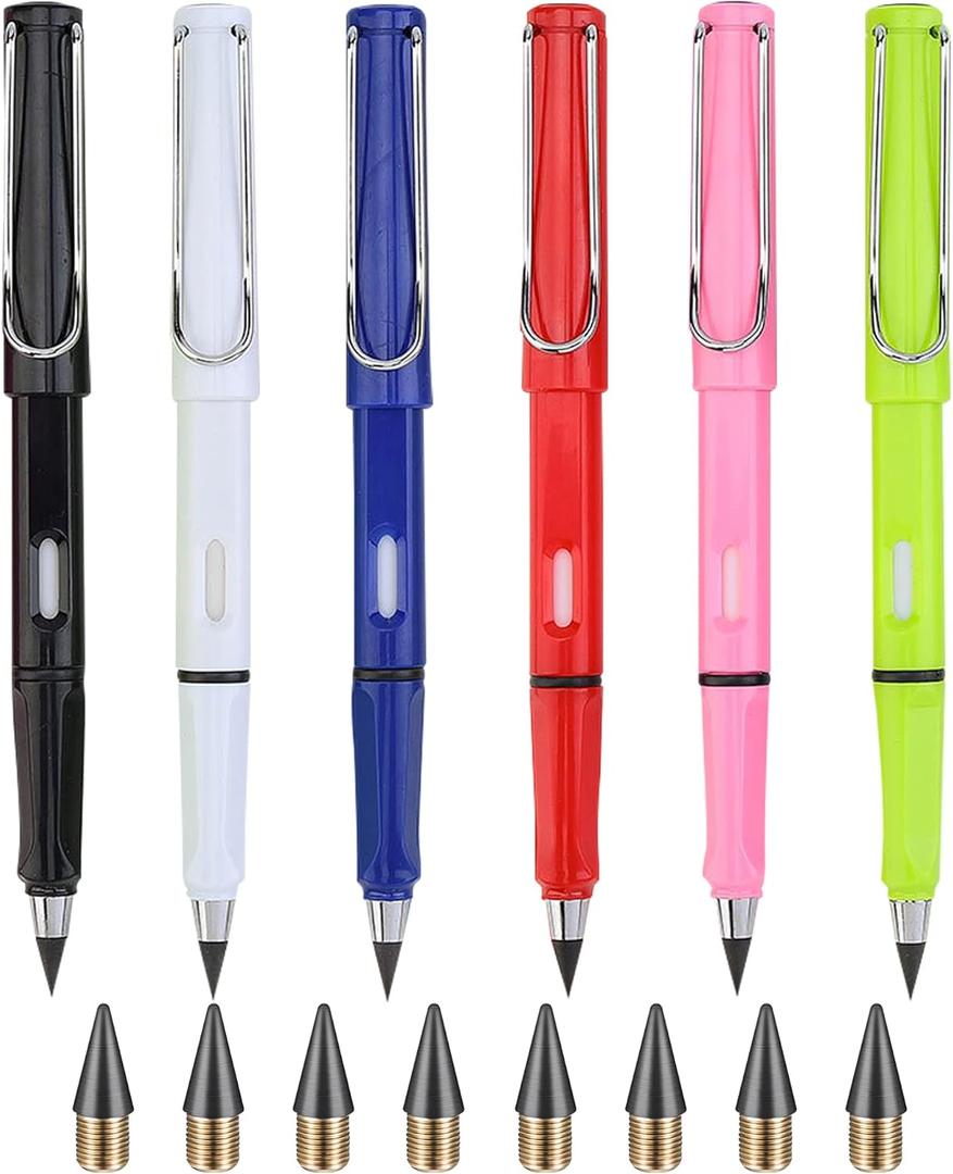 6 Sets Everlasting Pencil, Infinity Pencils, NO-Sharpening Pen for Writing Drawing Students Sustainable Pencil for Home Office School (6 Pencils + 6 Erasers + 8 Replaceable Nibs) (Classic)