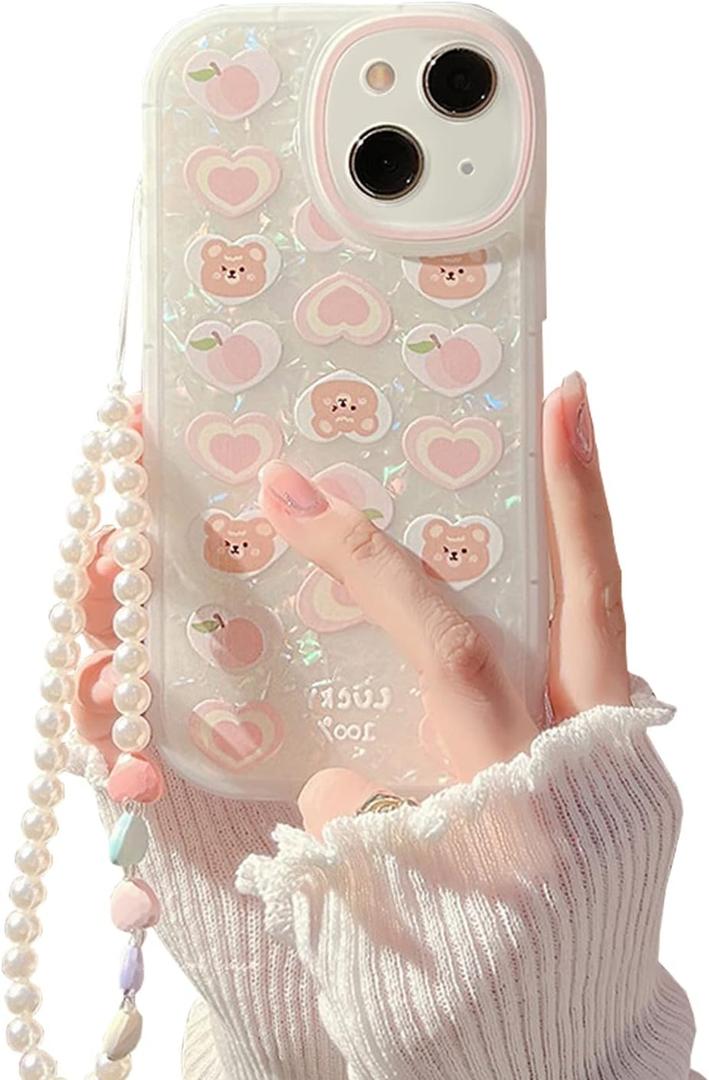 Fycyko Compatible with iPhone 13 Case Cover Cute Women,Bear Love Heart Pattern with Pearl Strap Bracelet Chain Sparkly Phone Case Camera Protect