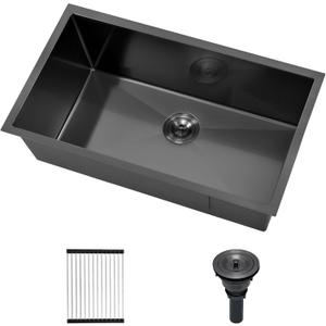 30" Undermount Kitchen Sink, 16 Gauge T304 Stainless Steel Single Bowl, 30x17x9 Inch Deep Under Counter Sink with Roll-up Drying Rack & Grid, Scratch-Resistant Brushed Finish