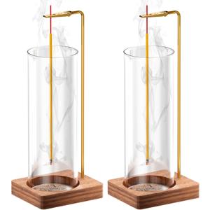 Incense Holder for Sticks, Insence-Stick Holder, Anti-Ash Flying No Mess Incense Burner, Incense Stick Holder with Glass Ash Catcher, for Yoga Spa Meditation Home Decor(2 Pack) (Brown)