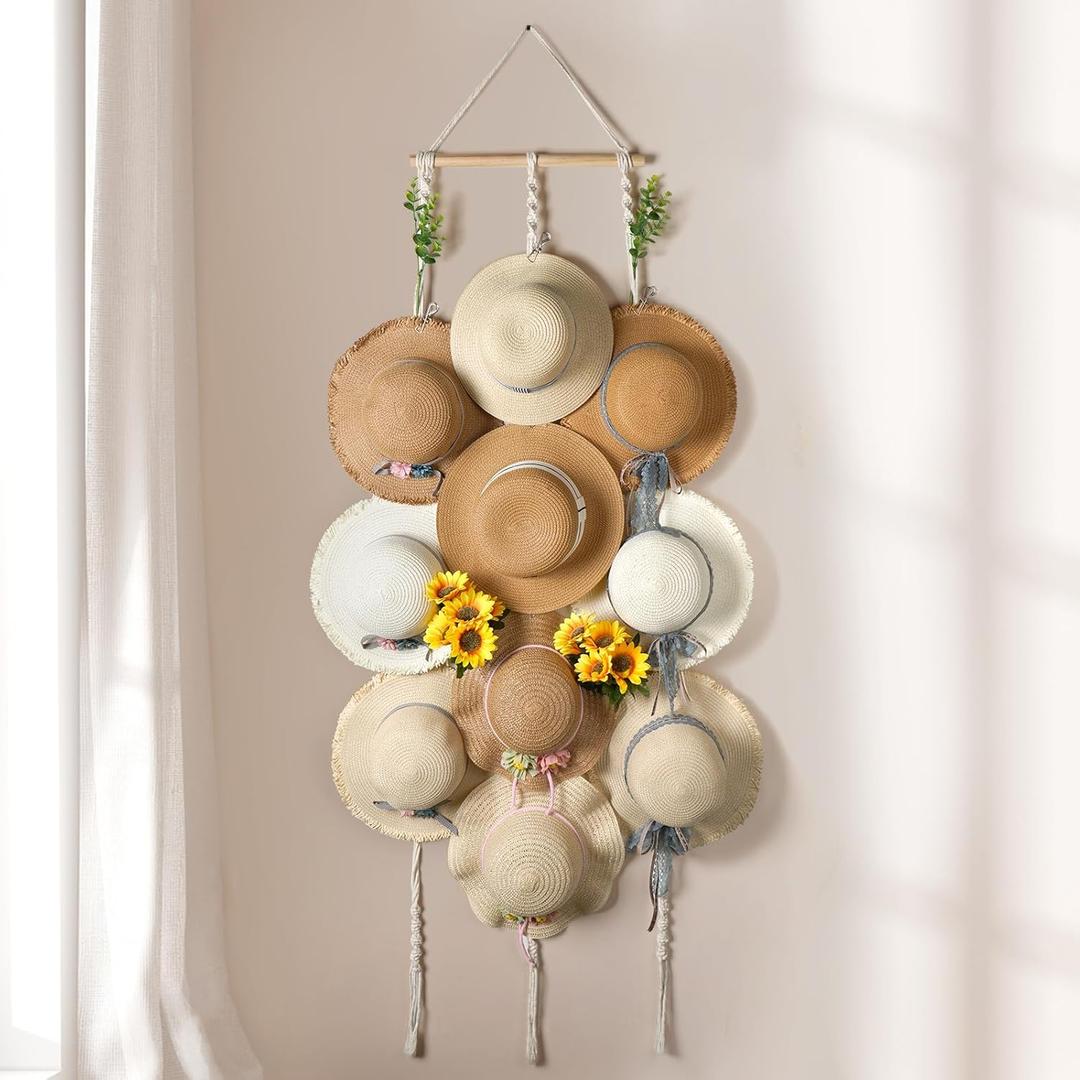 Macrame Hat Hangers for Wall Wide Brimmed Hat Holder Storage 10 Clips Hat Rack Organizer for Wall Display Boho Decor for Fedora Sun Hats Straw Panama Closet Bedroom Gifts for Mom (15x53in, White)
