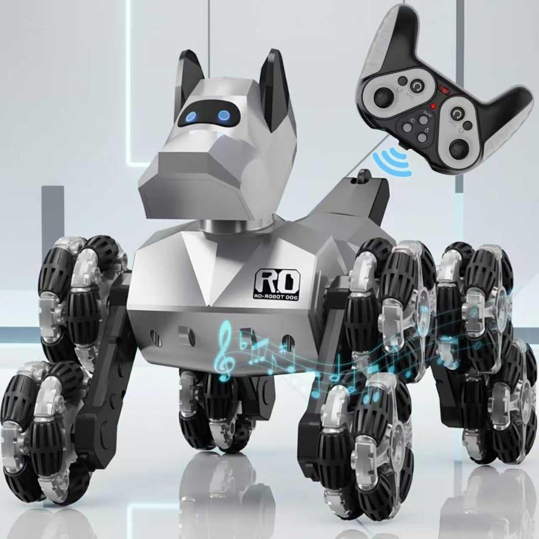 NQD Robot Dog Toy, 360Rotate Remote Control Robot Dog with Dancing & Sound FX, Remote Control Cars RC Stunt Robotic Dogs with LED Eyes, Electronic Pet Toys Gifts for Boys Kids Age 3-5 6-7 8-12 (Big, Sliver)