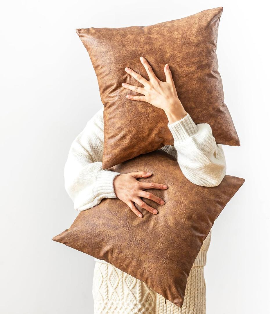 Pack of 2 Faux Leather Pillow Covers, Soft Rustic Farmhouse Neutral Vintage Decorative Cushion Cover, for Home Decor, Outdoor Waterproof, Pet Hair Resistant Pillow Covers 18X18 Inch Brown