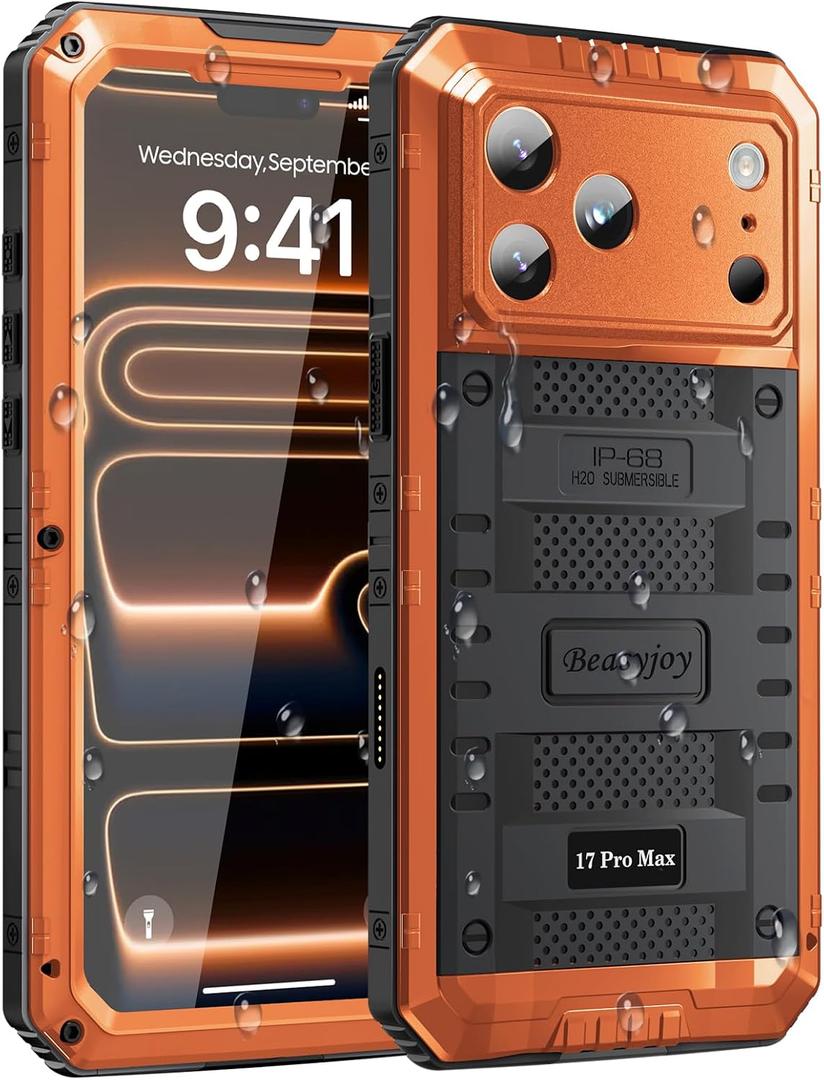 Beasyjoy for iPhone 17 Pro Max Case Waterproof, Heavy Duty Metal Case with Built-in Screen Protector, Full Body Rugged Military Grade Shockproof Dustproof Cover for Construction Outdoor 6.9", Orange