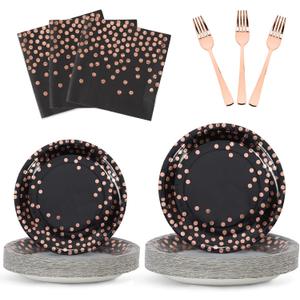 Black and Rose Gold Party Plates and Napkins Supplies,Disposable Party Dinnerware,Black Rose Golden Dot Paper Plates,Napkins,Forks forWeddings Birthday Graduation Decor Serve 25