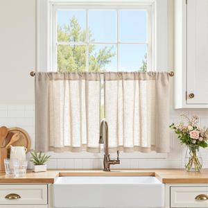 jinchan Kitchen Curtains Linen Tier Curtains 24 Inch Farmhouse Cafe Drapes for Small Window Flax Country Rustic Rod Pocket Bathroom Laundry Room RV Light Filtering 2 Panels Crude, 38"W x 24"L (Pack of 2), Rod Pocket Crude