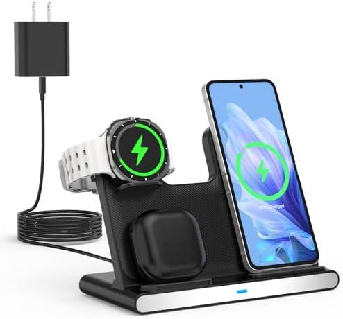 Samsung S25 Wireless Charger Station,3 in 1 Wireless Charger for Samsung Galaxy S25 Ultra/S24/S23/Z Fold/Flip 7/6/5,for Galaxy Watch 8/7/6/5/Pro,buds, Charging Station for iPhone 17/16/15 with Adapter