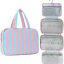 Toiletry Bag for Women Travel Water-resistant Cosmetic Bag Fashion Stripes Makeup Bag with Hanging Hook Preppy for Store Toiletries Cosmetic Accessories Medium Rose Red