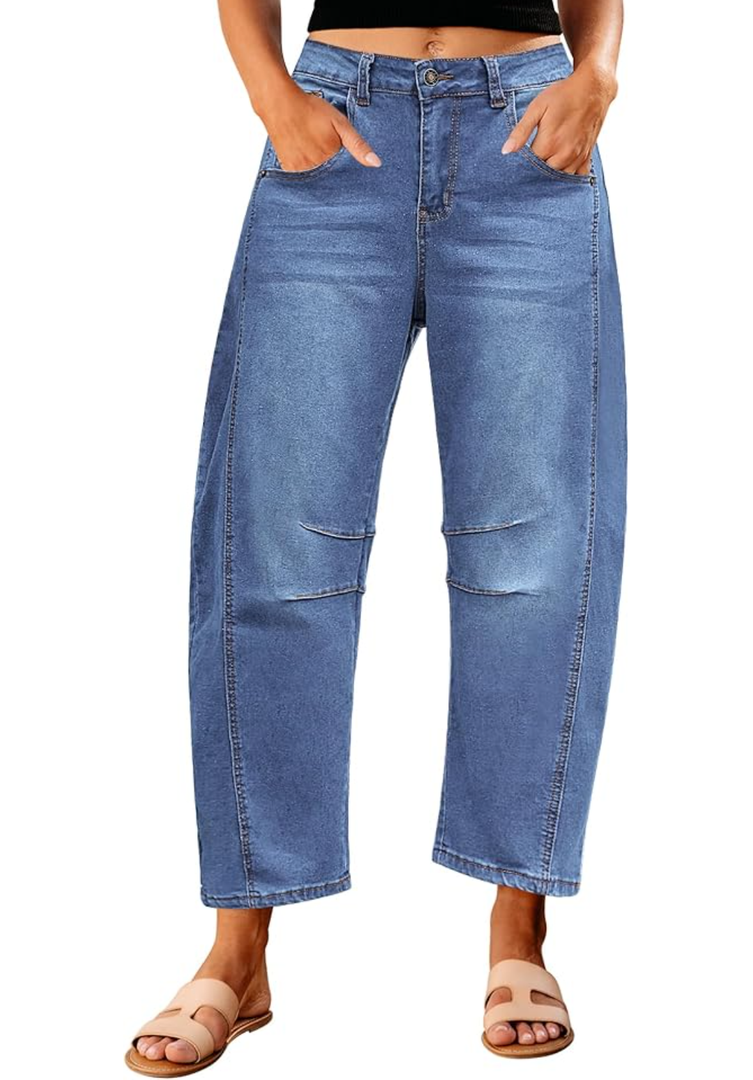 GRAPENT Barrel Jeans for Women Trendy High Waisted Wide Leg Baggy Cropped Relax Fit Stretch Denim Trouser Ankle Pants, M