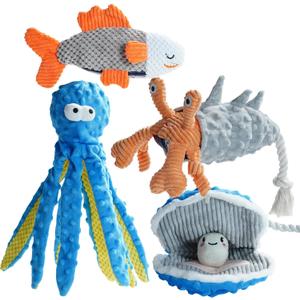 Nocciola 4 Packs Crinkle Squeaky Dog Toys for Aggressive Chewers, Durable Stuffed Plush Rope Tug Puppy Toy for Small, Medium Large Dogs, Octopus Fish Ocean Beach Summer, Dog Birthday Gifts (4 PCS Ocean Series)