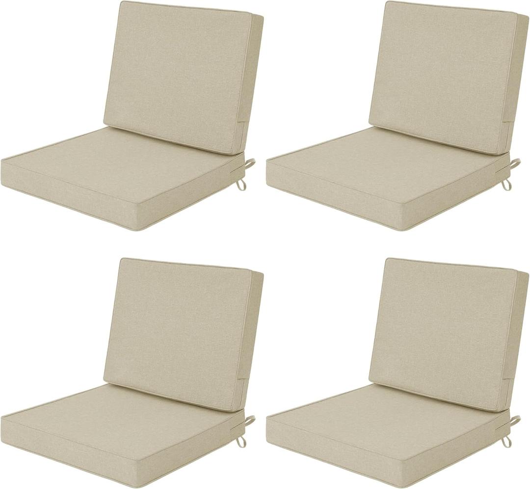 Outdoor Chair Cushions Set of 4, Water-Resistant & Fade-Resistant, Patio Furniture Deep Seat Cushions Replacement with Back, Non-Slip Bottom, Removable Cover, 24 x 24 Inch, Beige