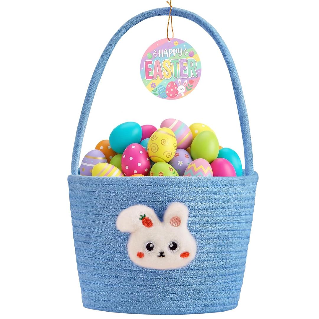 Yeeeasy Easter Basket for Kids, Adorable Plush Bunny Face Woven Egg Hunt Bucket with Handle, Soft First Easter Gift Tote Bag, Nursery Toy Storage Bin with Tag, Blue