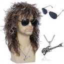morvally Men’s Women 80s Rocker Mullet Wig with Glasses and Necklace Long Brown Curly Glam Rock-Rockstar Wig for Halloween Cosplay Costume Party (Brown highlights Silver)
