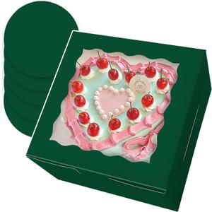 Bakepacker Deep Green 8x8x5 Inches 36pcs Cake Boxes with Window 18-Packs Deep Green 8 Inch Bakery Boxes (18 Cake Boxes +18 Cake Boards Included)