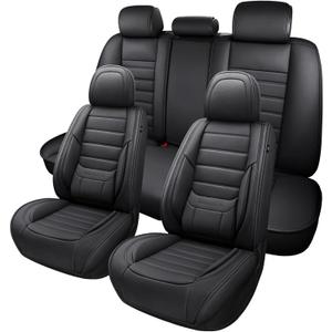 Black Car Seat Cover with Lumbar Support, Car Seat Protector Waterproof, Nappa Leather Car Seat Cushion, Car Seat Covers Front Seats and Back Fit for Most Cars (Full Set)