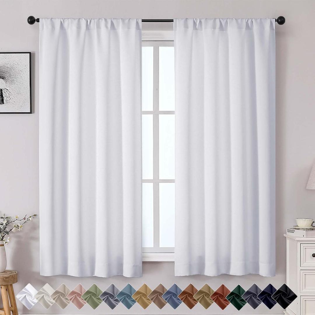 OWENIE Sally White Curtains for Bedroom 63 Inch Length 2 Panels Set, Solid Soft Light Filtering Rod Pocket Living Room Window Treatment Thermal Insulated Curtains Drapes, W40 x L63 Inch, White