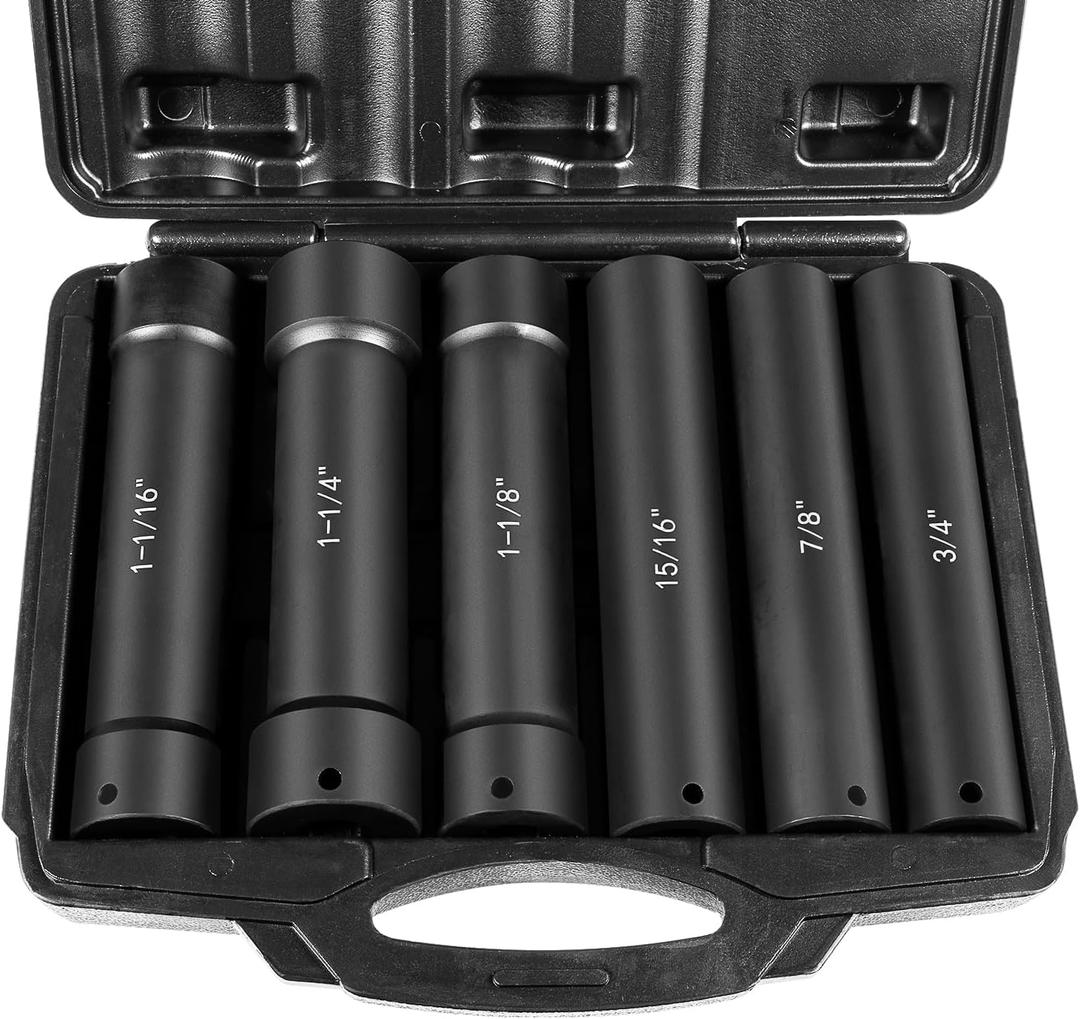1/2 Inch Drive Heavy Duty Extended Length Extra-Deep Length Impact Socket Set with Storage Case, Including Sockets 3/4", 7/8", 15/16", 1-1/16", 1-1/8" & 1-1/4" (6PCS)