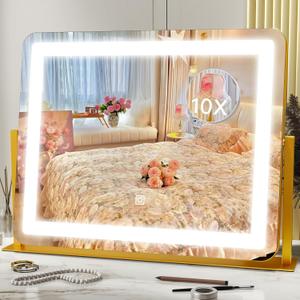 HNV Large Hollywood Makeup Mirror with Lights, 22" x 17" Lighted Vanity Mirror, 3 Color Lighting Modes & Dimmable LED, Plug-in Desk Mirror with Touch Control & 360 Rotation for Bedroom Vanity,Gold