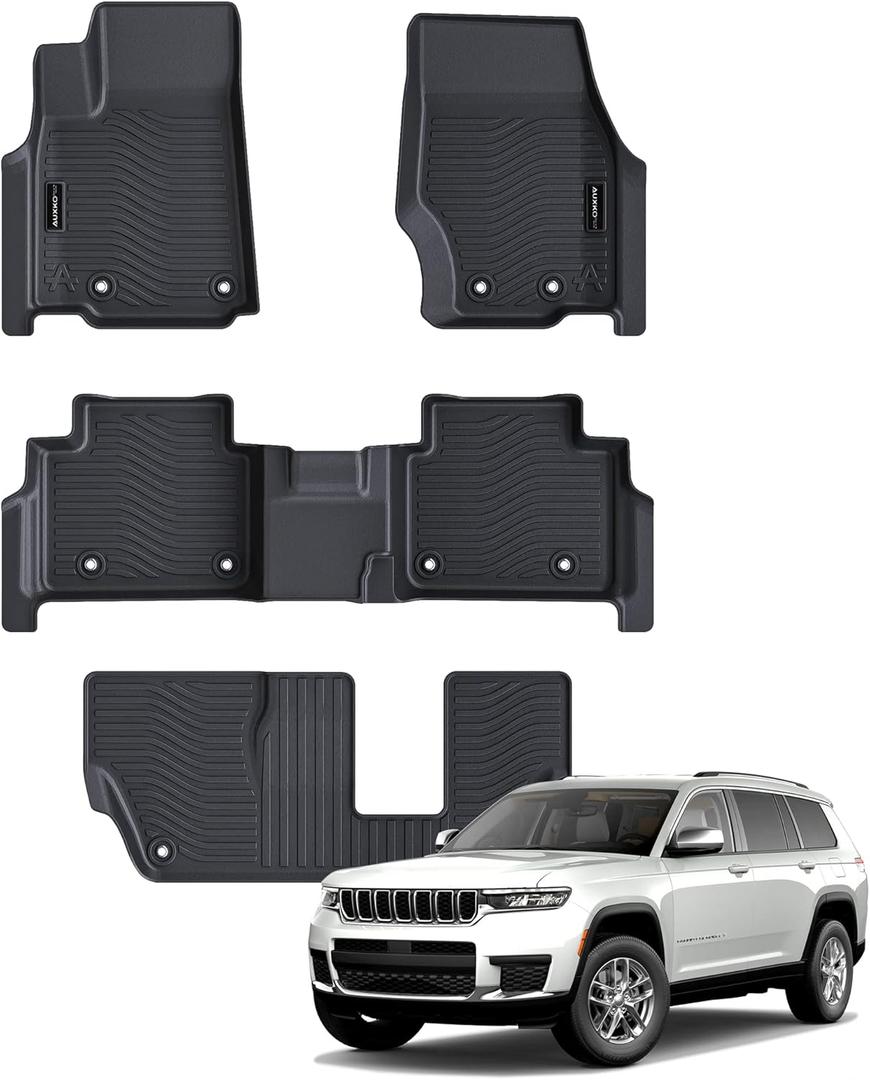 Auxko All Weather Floor Mats Fit for Jeep Grand Cherokee L 7 Seat(2nd Row Bench Seat) 2021-2024 2025 TPE Rubber Liners Accessories All Season Guard Odorless 3 Row Black (3 row floor mats)