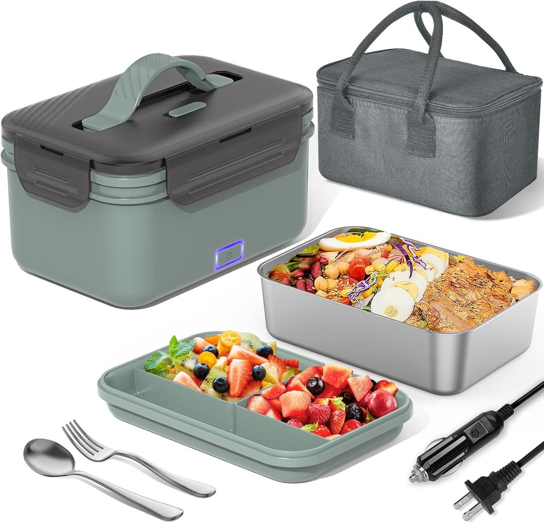 Electric Lunch Box Food Heater 100W, 4 in 1 Ultra Quick Heated Lunch Boxes for Adults 12V/24V/110V/220V Portable Food Warmer for Car/Truck/Office With Fork Spoon and Insulated Carry Bag (Olive Green)
