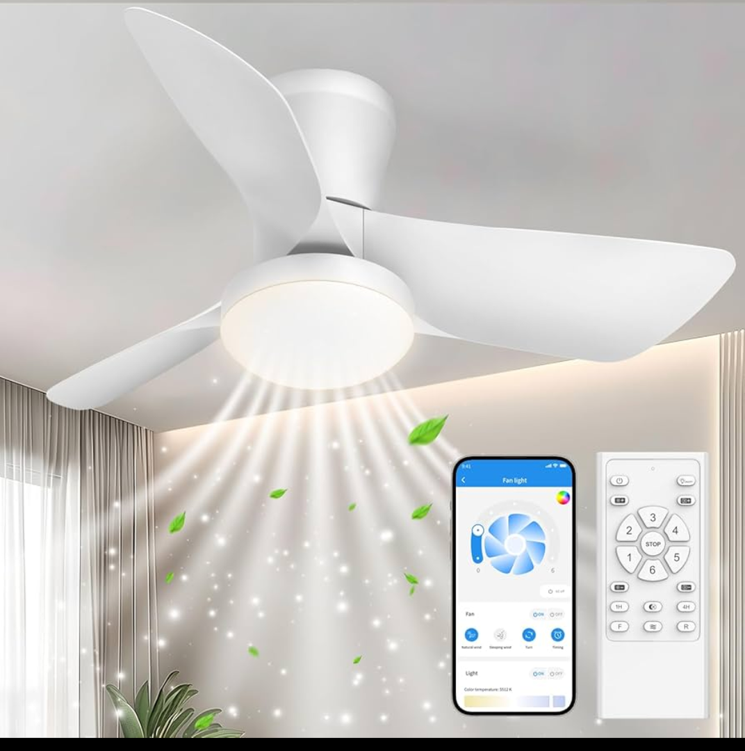 Ceiling Fans Lights with APP & Remote Control: 30 Inch Low Profile Ceiling Fans with Lights Reversible Small Flush Mount Ceiling Fan 3 Colors Quiet 6 Speeds Ceiling Fan for Bedroom Livingroom Kitchen