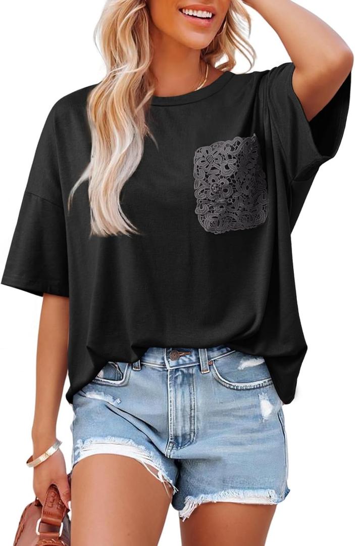 Dokotoo Womens Tops Cute Lace Summer Short Sleeves Oversized Casual T Shirts Lace Pockets (X-Large, Black)