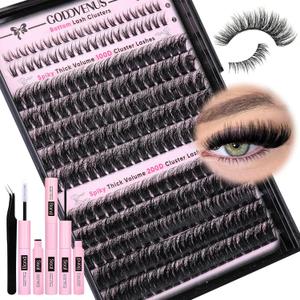 Goddvenus Fluffy Eyelash Clusters Kit Waterproof DIY Lashes Extension Kit Wispy Volume D Curl Cluster Eyelash Extensions Kit Mink Individual Lashes Kits with Bottom Eyelashes (Volume 240pcs D Curl)
