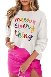 LEMAFER Women's 2025 Christmas Colorful Merry Every Thing Sweater Round Neck Sequin Tinsel Slogan Sweatshirts Long Sleeve Holiday Pullover Tops  (Small)