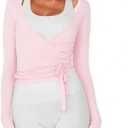 Women Ballet Wrap Top Long Sleeve Self Tie Dance Shirt Pilates Yoga Tops Y2k Workout Active Blouses (US, Alpha, Medium, Regular, Regular, Pink)