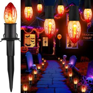 24.2FT Flickering Flame String Lights with Stakes - C9 Halloween Pathway Lights Outdoor Waterproof - 20 Red Flicker Flame Twinkle Walkway Light for Lawn Yard Party Halloween Decorations