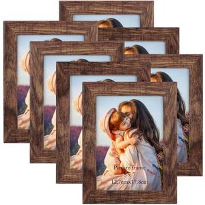 PETAFLOP 5x7 Picture Frame Set of 7, Rustic Frames Display 5 by 7 Inch Photo for Wall or Tabletop (Distressed Brown)
