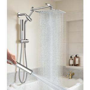 Veken All Metal 10" Shower Head with Handheld, Luxurious Square Double Rain Shower Heads,Power Wash Wand,Dual High Pressure Detachable Rainfall Showerhead with Spray Combo,Extension Arm,Chrome,Sliver